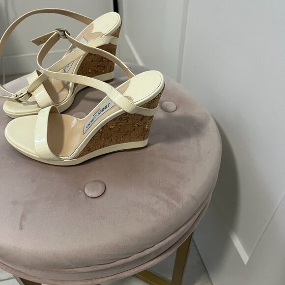 Jimmy Choo Cream Patent Leather Wedge Heel Sandals Size 35 - Picture 3 of 7